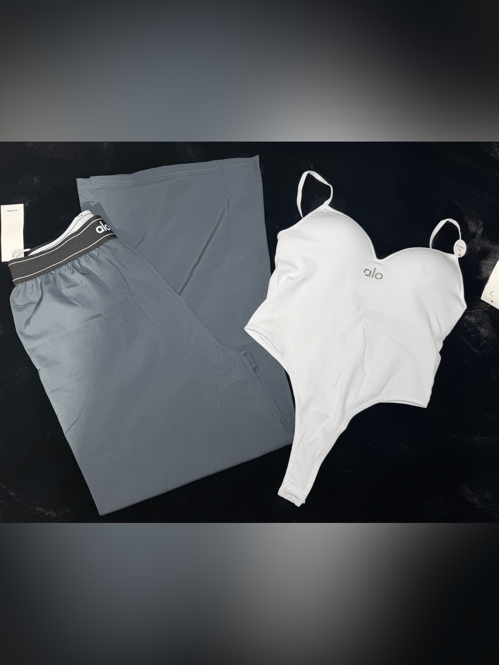 Alo White Logo Bodysuit with Gray Workout Pants